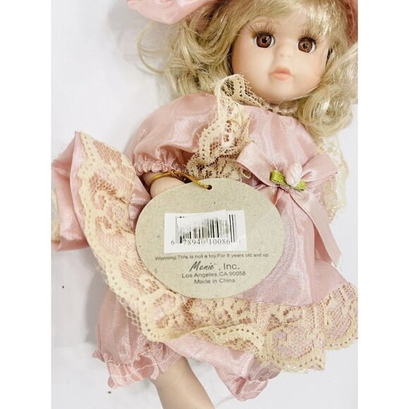 Menie Porcelain Doll 8” Blonde Brown Eyes Satin Pink Dress Lace Hat Dusty Rose - Picture 7 of 8